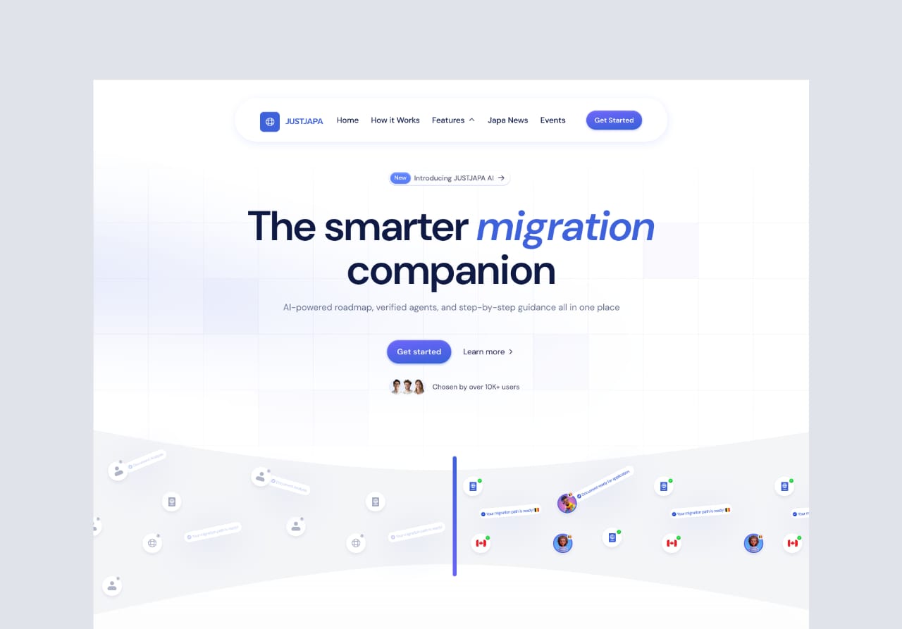 JustJapa migration platform UI design